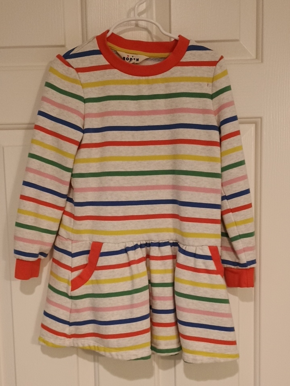 Boden Girls' White Dress with Multicolor Stripes and Red Trim